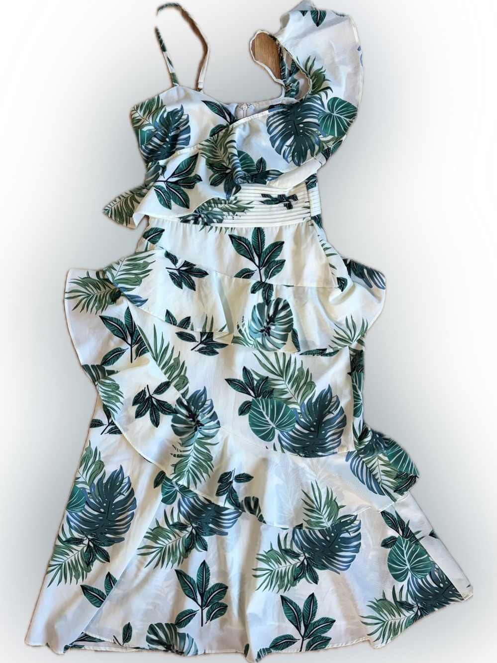 Walter Baker White One-Shoulder Dress with Green Leaf Print
